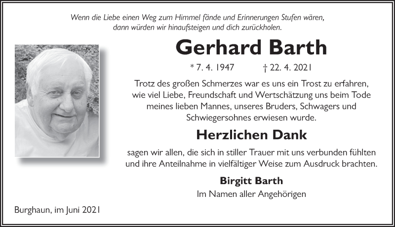  Traueranzeige für Gerhard Barth vom 02.06.2021 aus FZ