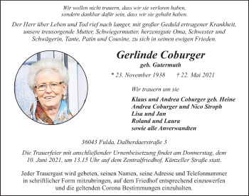 Traueranzeige von Gerlinde Coburger von FZ