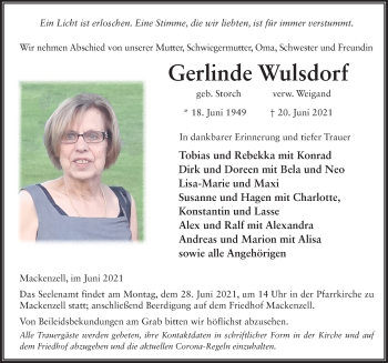 Traueranzeige von Gerlinde Wulsdorf von FZ