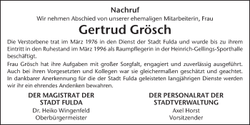 Traueranzeige von Gertrud Grösch von FZ