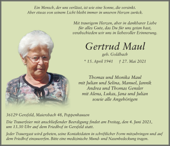 Traueranzeige von Gertrud Maul von FZ