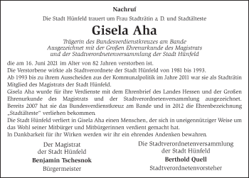 Traueranzeige von Gisela Aha von FZ
