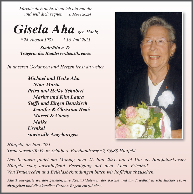  Traueranzeige für Gisela Aha vom 19.06.2021 aus FZ