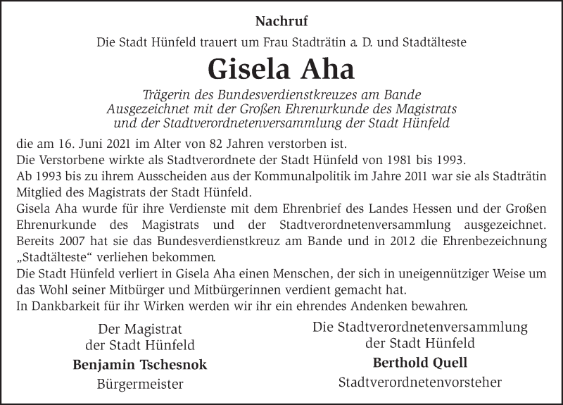  Traueranzeige für Gisela Aha vom 19.06.2021 aus FZ