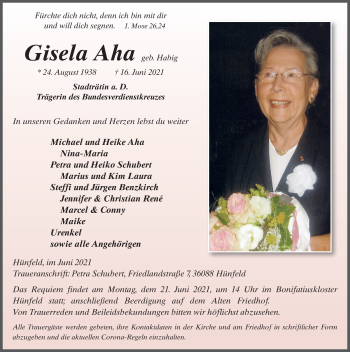 Traueranzeige von Gisela Aha von FZ