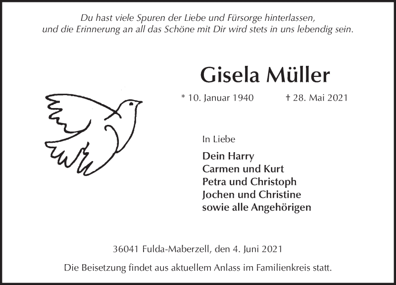  Traueranzeige für Gisela Müller vom 04.06.2021 aus FZ