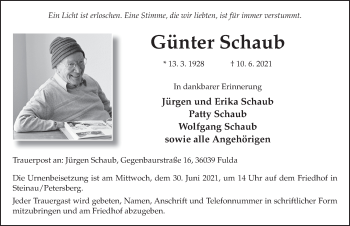 Traueranzeige von Günter Schaub von FZ