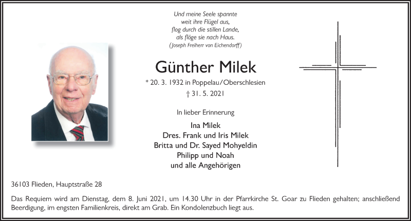  Traueranzeige für Günther Milek vom 05.06.2021 aus FZ