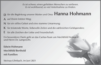 Traueranzeige von Hanna Hohmann von FZ