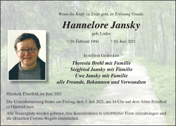 Traueranzeige von Hannelore Jansky von FZ