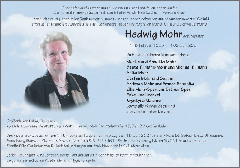  Traueranzeige für Hedwig Mohr vom 12.06.2021 aus FZ