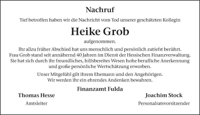  Traueranzeige für Heike Grob vom 26.06.2021 aus FZ
