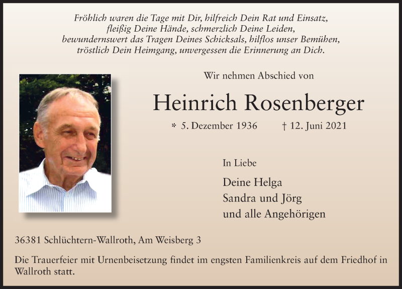  Traueranzeige für Heinrich Rosenberger vom 16.06.2021 aus FZ
