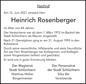 Traueranzeige von Heinrich Rosenberger von FZ