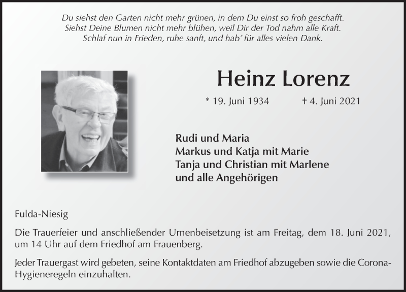  Traueranzeige für Heinz Lorenz vom 12.06.2021 aus FZ