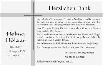 Traueranzeige von Helma Hölzer von FZ
