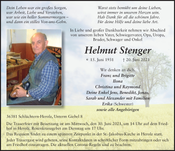 Traueranzeige von Helmut Stenger von FZ