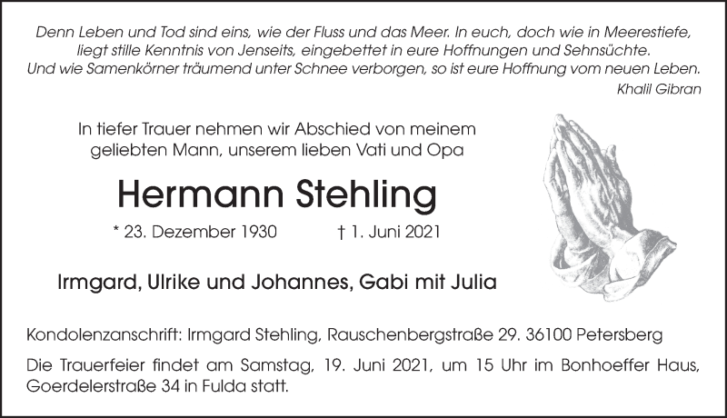  Traueranzeige für Hermann Stehling vom 12.06.2021 aus FZ
