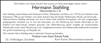 Traueranzeige von Hermann Stehling von FZ