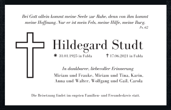 Traueranzeige von Hildegard Studt von FZ