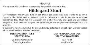 Traueranzeige von Hildegard Studt von FZ