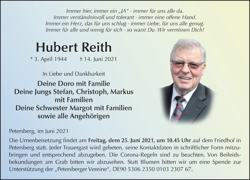  Traueranzeige für Hubert Reith vom 19.06.2021 aus FZ