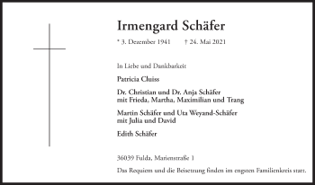 Traueranzeige von Irmengard Schäfer von FZ