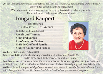 Traueranzeige von Irmgard Kaupert von FZ