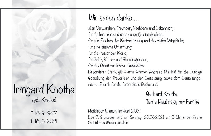  Traueranzeige für Irmgard Knothe vom 19.06.2021 aus FZ