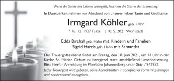 Traueranzeige von Irmgard Köhler von FZ