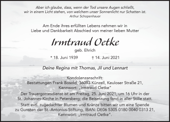Traueranzeige von Irmtraud Oetke von FZ