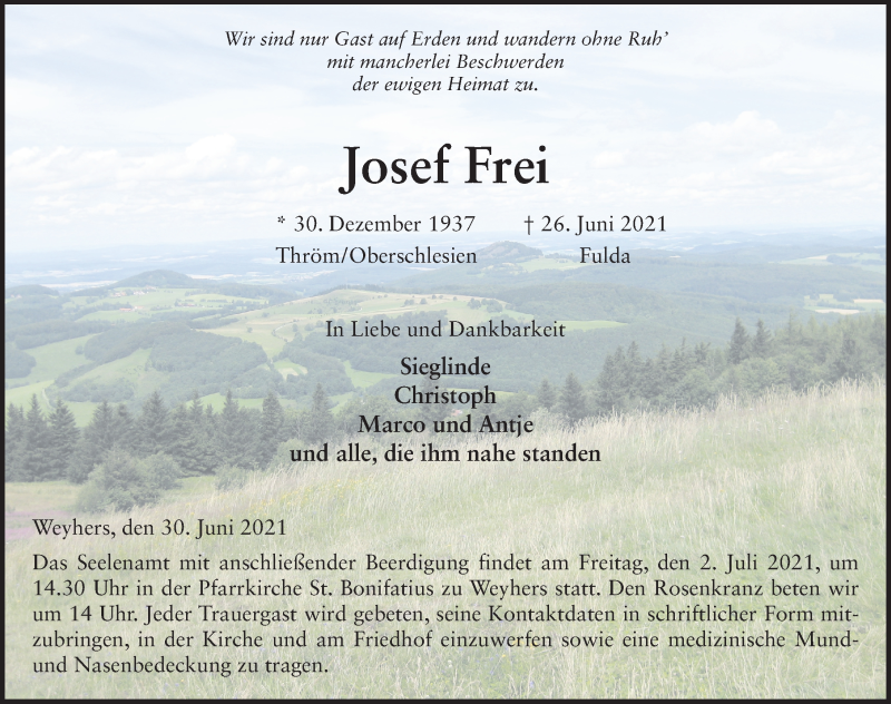  Traueranzeige für Josef Frei vom 30.06.2021 aus FZ