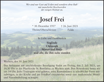 Traueranzeige von Josef Frei von FZ