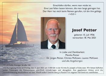 Traueranzeige von Josef Petter von FZ