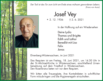 Traueranzeige von Josef Vey von FZ