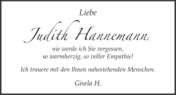 Traueranzeige von Judith Hannemann von FZ