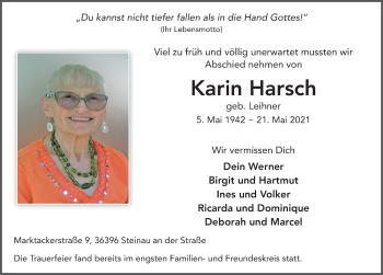 Traueranzeige von Karin Harsch von FZ