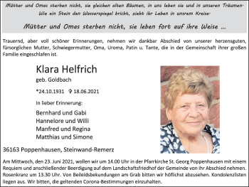Traueranzeige von Klara Helfrich von FZ