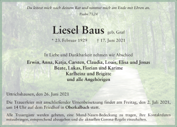 Traueranzeige von Liesel Baus von FZ
