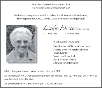 Traueranzeige von Linda Förster von FZ