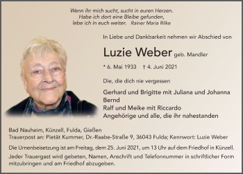 Traueranzeige von Luzie Weber von FZ