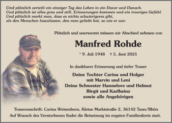 Traueranzeige von Manfred Rohde von FZ
