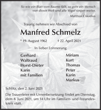 Traueranzeige von Manfred Schmelz von FZ
