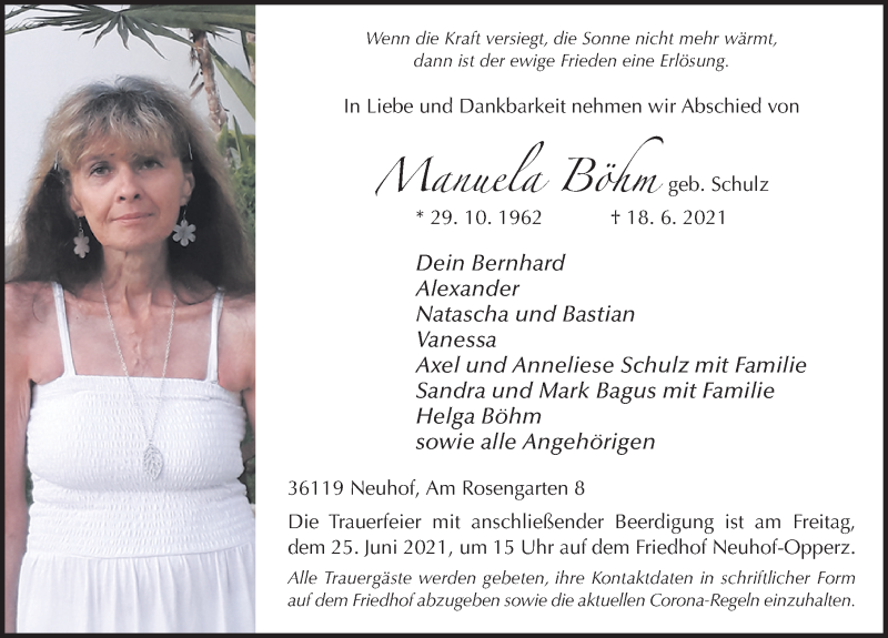  Traueranzeige für Manuela Böhm vom 23.06.2021 aus FZ