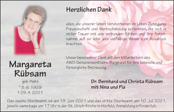 Traueranzeige von Margareta Rübsam von FZ