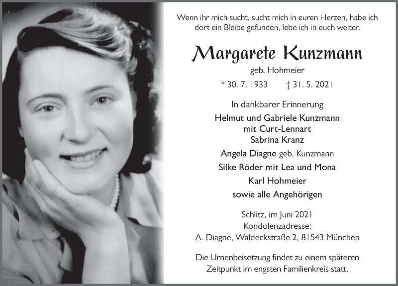  Traueranzeige für Margarete Kunzmann vom 04.06.2021 aus FZ
