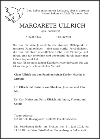 Traueranzeige von Margarete Ullrich von FZ