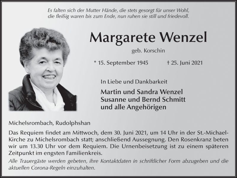  Traueranzeige für Margarete Wenzel vom 29.06.2021 aus FZ