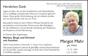 Traueranzeige von Margot Mahr von FZ