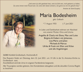 Traueranzeige von Maria Bodesheim von FZ
